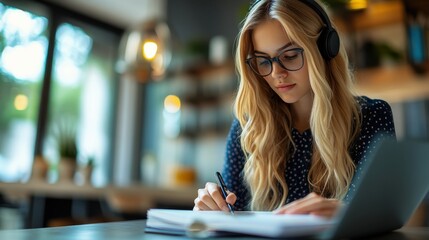 Fototapeta premium Woman Writing in Notebook while Wearing Headphones.