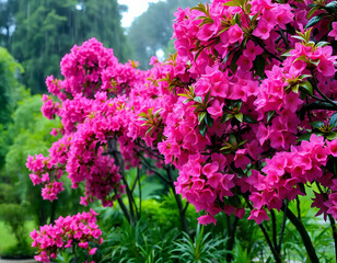 A lush, vibrant garden filled with blooming pink azalea flowers, creating a beautiful and colorful natural scene