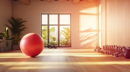 Bright fitness studio with exercise ball and dumbbells on wooden floor, showcasing modern workout equipment and ambient lighting.