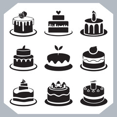 Set of cake silhouette, symbol of the cake holiday, birthday, anniversary, wedding, festive, Birthday cake icons set silhouette vector in white background
