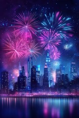 A vibrant city skyline illuminated by colorful fireworks against a night sky, reflecting beautifully on the water.