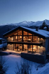 Fototapeta premium A cozy chalet illuminated at dusk, surrounded by snow-covered mountains, offering a warm, inviting atmosphere in a winter landscape.