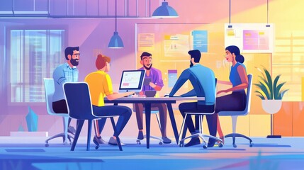 Business team working together, brainstorming, discussing ideas for project. People meeting at desk in office. illustration for co-working, teamwork, workspace concept