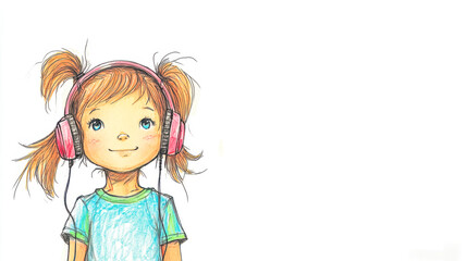Cute little girl wearing headphones listening to music