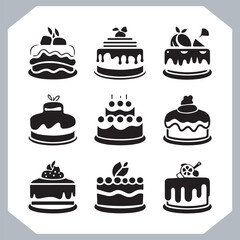 Set of cake silhouette, symbol of the cake holiday, birthday, anniversary, wedding, festive, Birthday cake icons set silhouette vector in white background