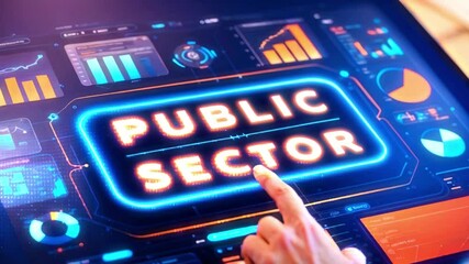 Hand pointing at 'Public Sector' on futuristic digital dashboard with graphs and charts. - Powered by Adobe