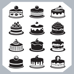 Set of cake silhouette, symbol of the cake holiday, birthday, anniversary, wedding, festive, Birthday cake icons set silhouette vector in white background