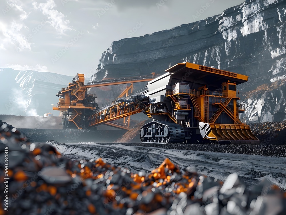 Poster futuristic coal mining with clean energy powered machinery and automated systems
