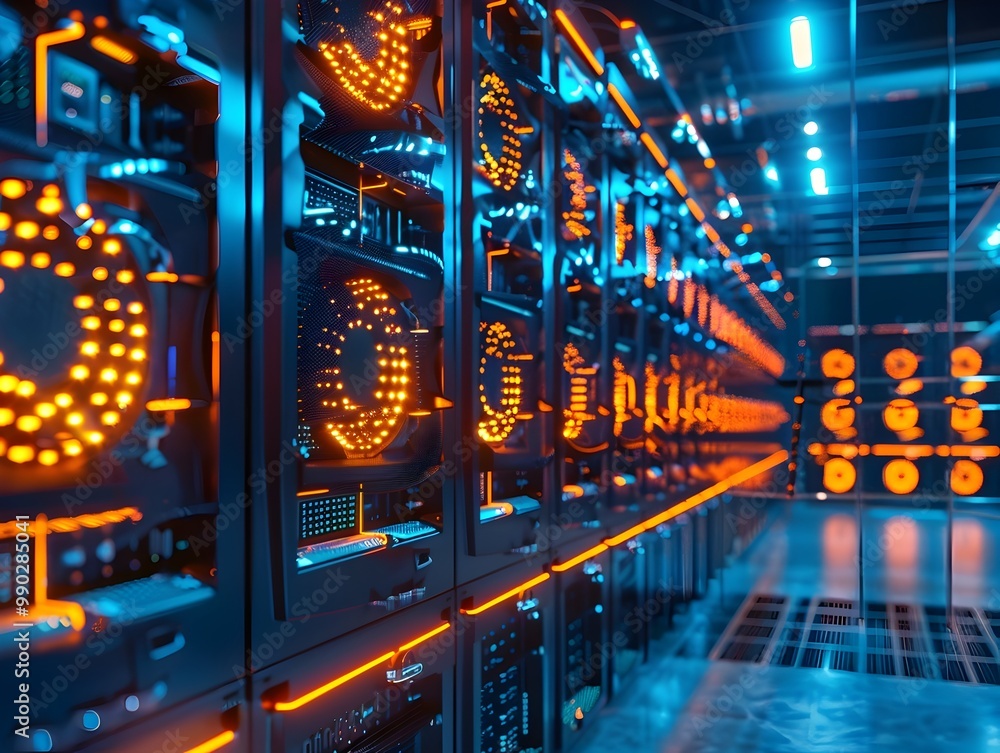 Poster futuristic data center with cryptocurrency mining servers and cooling systems