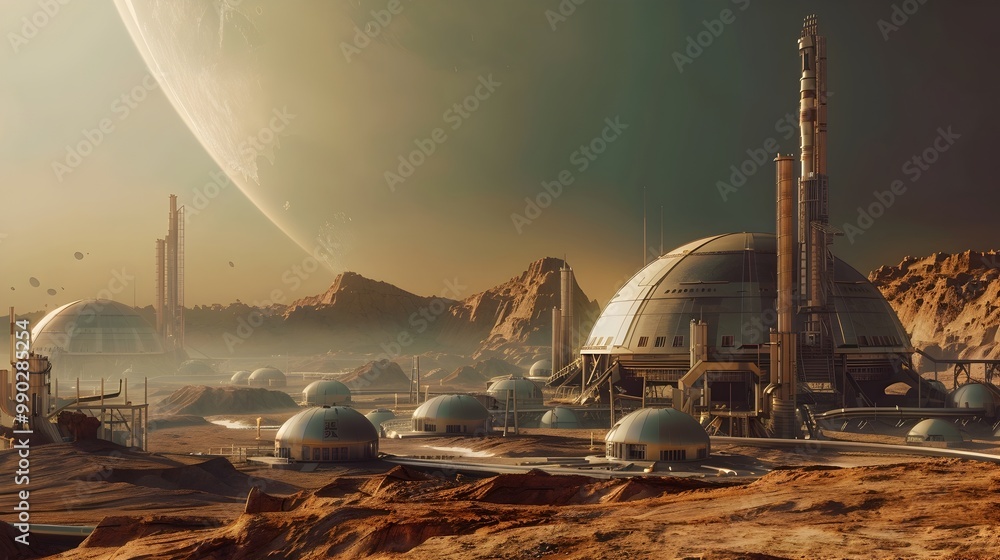 Poster futuristic mining colony on distant planet with domes and advanced drilling rigs