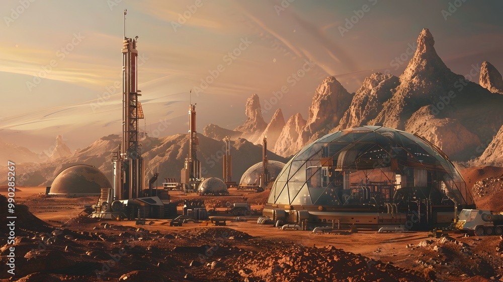 Poster futuristic mining colony on a distant planet with advanced drilling rigs and domes