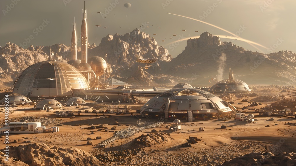 Poster futuristic mining colony on distant alien planet with domes and advanced drilling rigs