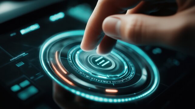 Close-up of a hand pressing a car start button with a futuristic 2025 display, symbolizing innovation and technology advancement.