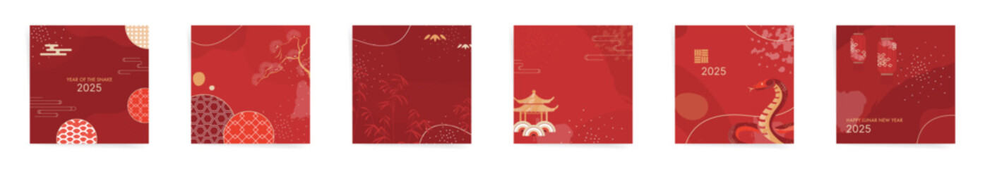 2025 Year of the Snake Luxury Square Poster Collection with Lanterns, Asian Clouds in Red and Gold Colors. Premium Templates Featuring Temples and Zodiac Snake Symbols for Chinese New Year Posts.