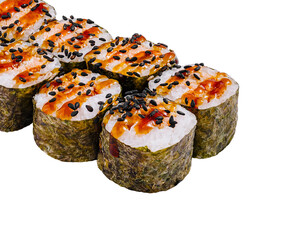Eight sushi rolls with eel and sesame seeds on white background