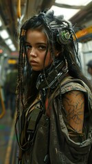 Cyberpunk Woman with Headphones in a Futuristic Setting