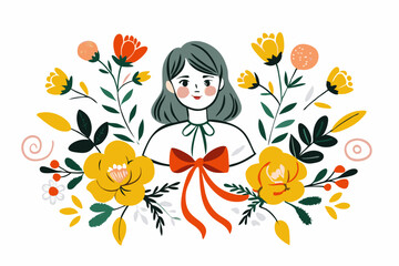 Cheerful Girl Surrounded by Vibrant Spring Flowers Illustration