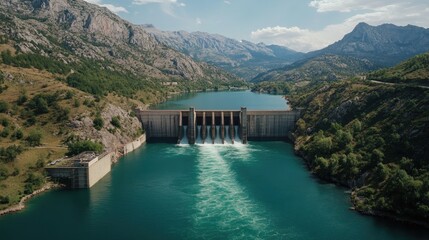 Dam in Mountainous Landscape: Majestic Structure Controls Water Flow