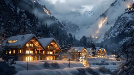Fototapeta premium Bioluminescent Mountain Resort with Glowing Wooden Cabins in Snowy Landscape