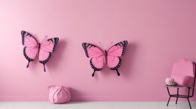 Pink background with flower designs and butterfly silhouette, wall decoration. Generative Ai - Powered by Adobe