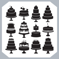 Set of cake silhouette, symbol of the cake holiday, birthday, anniversary, wedding, festive, Birthday cake icons set silhouette vector in white background