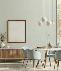 Dining Room with Round Marble Table and Pendant Lights