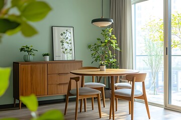 Dining room with green plant decor,  wood floor and natural light