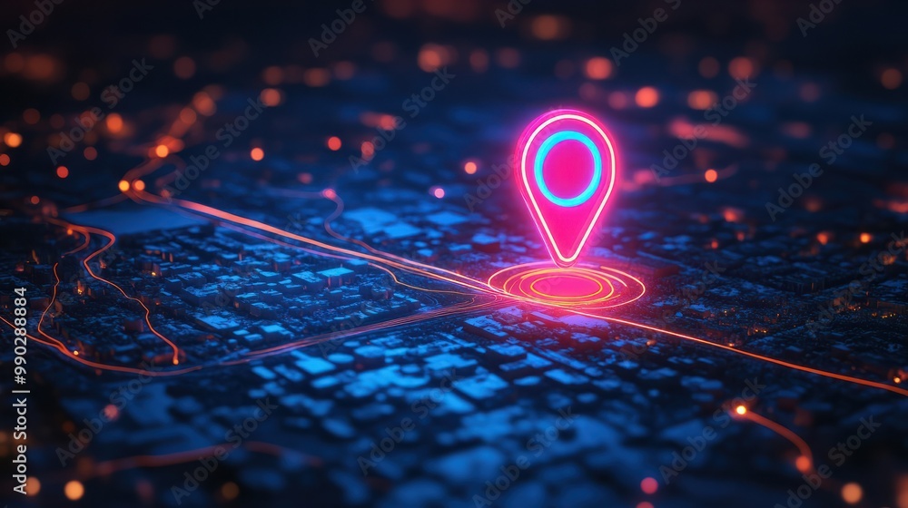Poster digital gps, neon map pin location. innovation navigation technology concept, network connection, in