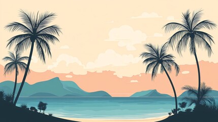 Obraz premium A serene tropical landscape featuring a silhouette of palm trees against a picturesque sunset, with mountains and a calm ocean in the background.