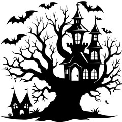 Spooky Haunted House with Bats and Creepy Tree Silhouette