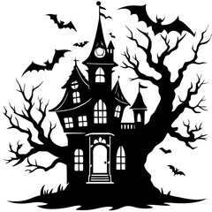 Spooky Haunted House with Bats and Creepy Tree Silhouette