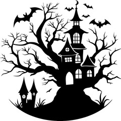  Spooky Haunted House with Bats and Creepy Tree Silhouette