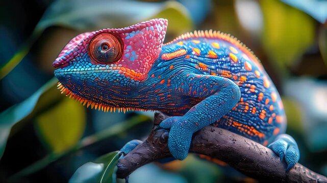 Close-up of a vibrant panther chameleon, showcasing detailed skin texture and bright colors