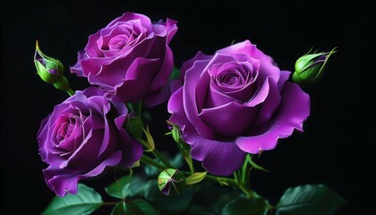 a bouquet of beautiful purple lush roses on a black background