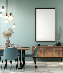 Green Dining Room with Mid Century Sideboard and Glass Chandelier