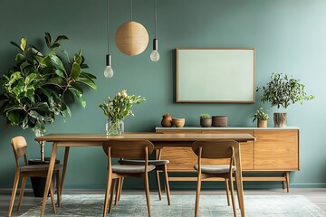 Green Dining Room With Wooden Cabinet And Plants