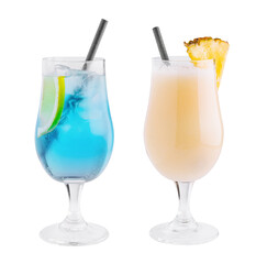 Two refreshing cocktails with straws, blue lagoon and pina colada