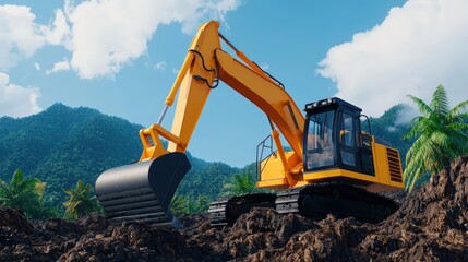 Obraz premium Excavator working on a construction site, surrounded by lush greenery and mountains under a clear blue sky.