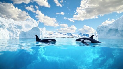 Fototapeta premium Orcas Swimming in Ice-Cold Arctic Waters