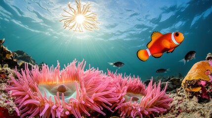 Colorful Coral Reef with Anemones and Clownfish