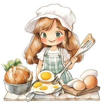recommend clip art: Cute Cartoon Chef Girl Cooking Eggs for Breakfast.