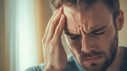 Fototapeta premium Young man suffering from a strong headache at home