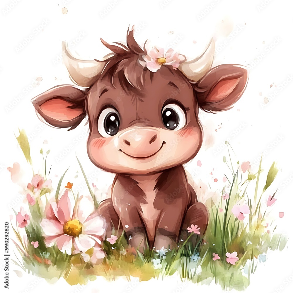 Canvas Prints Adorable Cartoon Calf in a Field of Flowers.