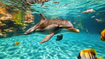 Obraz premium Dolphin Swimming in Crystal Clear Ocean Water