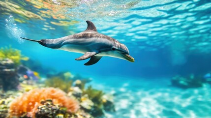 Fototapeta premium Graceful Dolphin Swimming in Coral Reef Environment