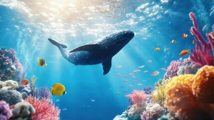 Obraz premium Majestic Whale Swimming in Vibrant Coral Reef