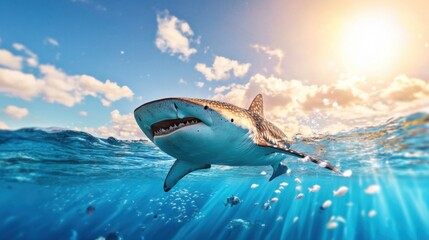 Fototapeta premium Majestic Shark Swimming in Clear Blue Ocean Waters