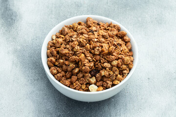 Homemade grain granola . Healthy energy eating . Top view