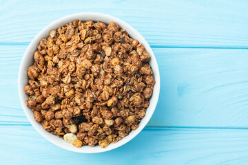 Homemade grain granola . Healthy energy eating . Top view