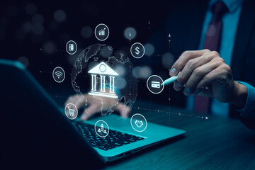 finance and banking digital, businessmen holding online banking and payments, Finance and banking networks. AI, Customer networking connection, Digital marketing. cyber security. Business technology.